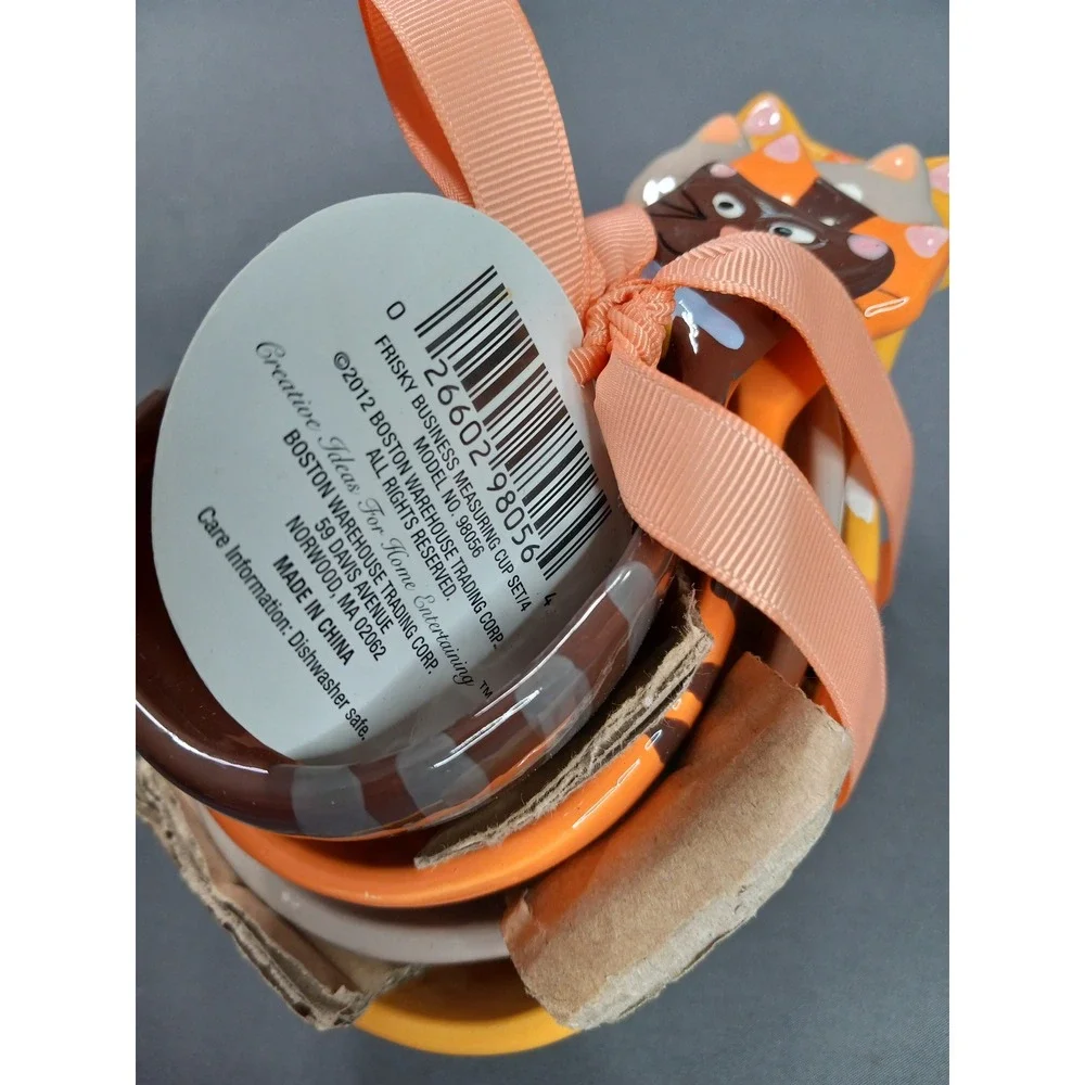 Boston Warehouse Frisky Business Cat Measuring Cups Set of 4 Ceramic Orange Grey